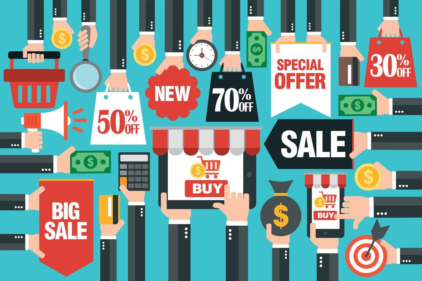 Concept design sale flat, with laptop,smartphone online shopping. Sale 30, 50, 70 off vector