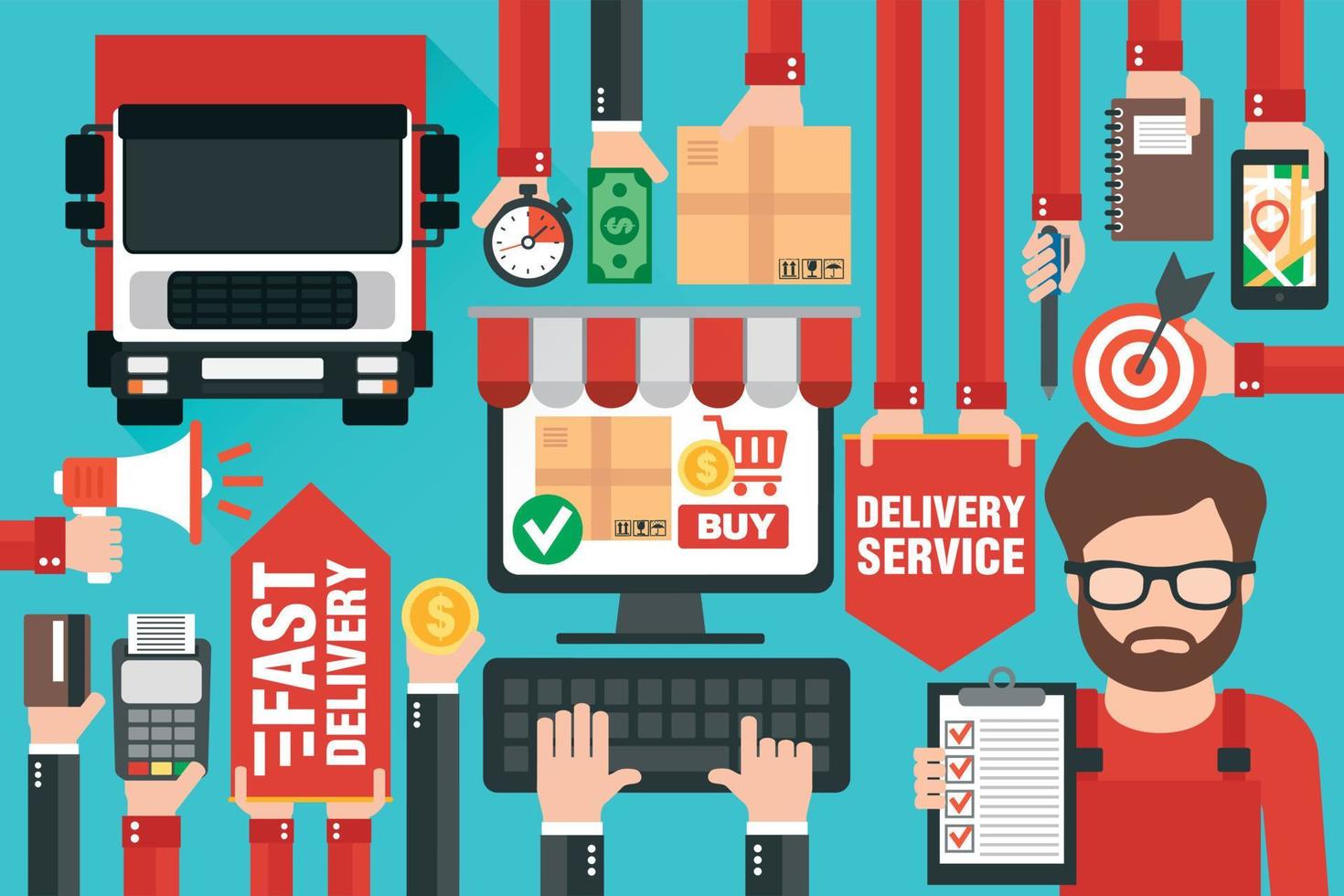 Fast delivery package by delivery truck . Online delivery service consultant. Internet e-commerce. Shopping online on computer or website. Concept flat design vector
