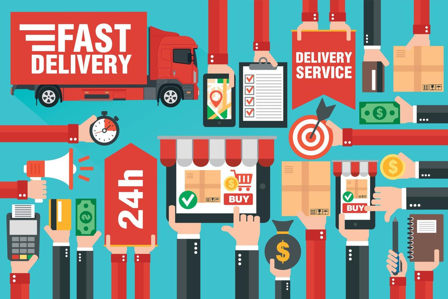 Fast delivery package by delivery truck . Online delivery service. Internet e-commerce. Shopping online on laptop, smartphone or website. Concept flat design vector