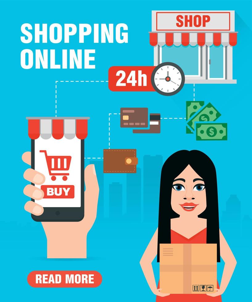 Online shopping. Concept sale flat design with girl vector