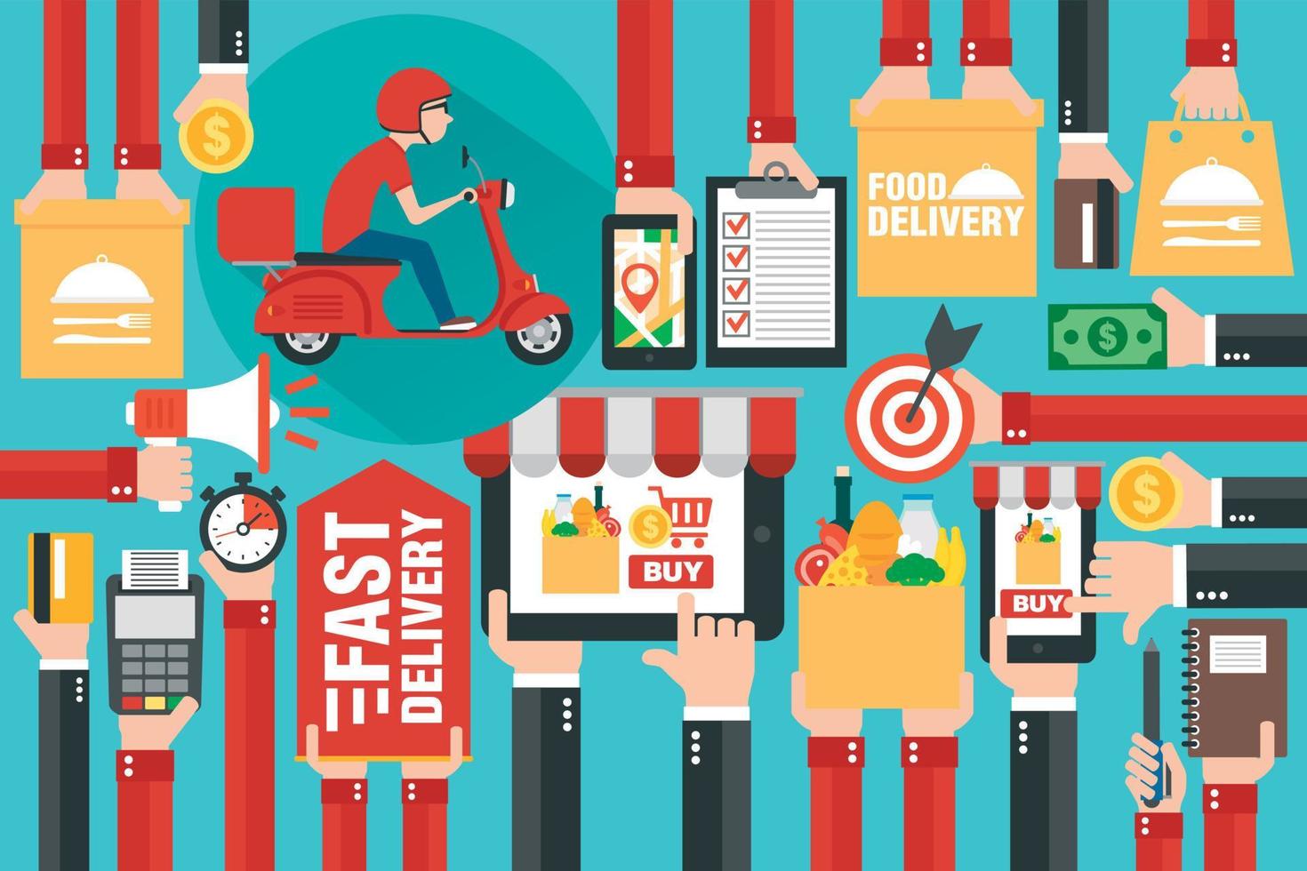 Fast delivery package by scooter. Online delivery service. Internet e-commerce. Online shopping food on laptop, smartphone or website. Concept flat design vector