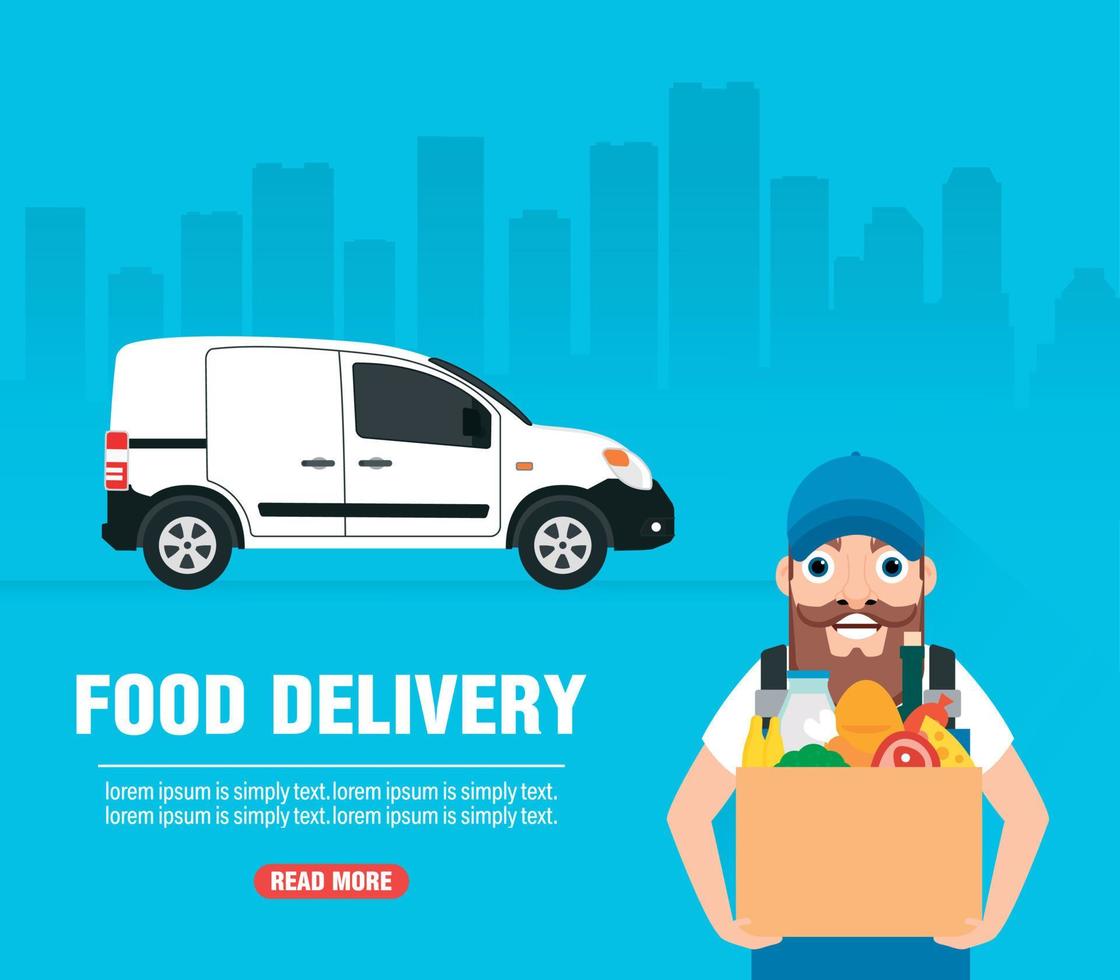 Delivery concept design flat. Food delivery with deliveryman vector