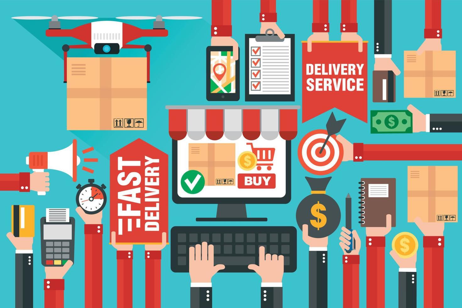 Fast delivery package by delivery drone. Online delivery service. Internet e-commerce. Shopping online on computer or website. Concept flat design vector