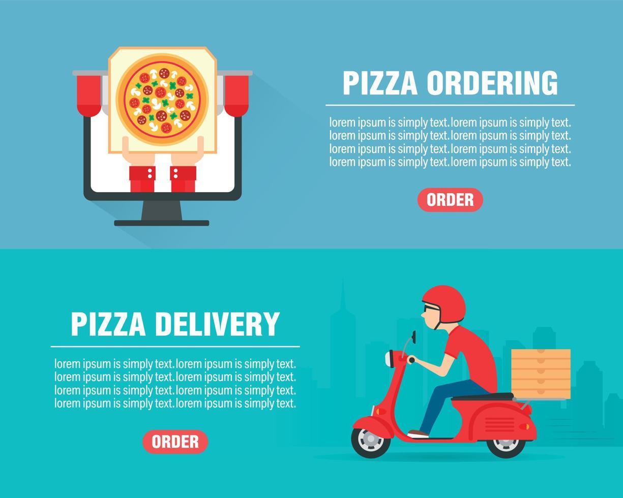 Food ordering concept design flat banners set. Food Delivery man ride scooter motorcycle. Food icon vector