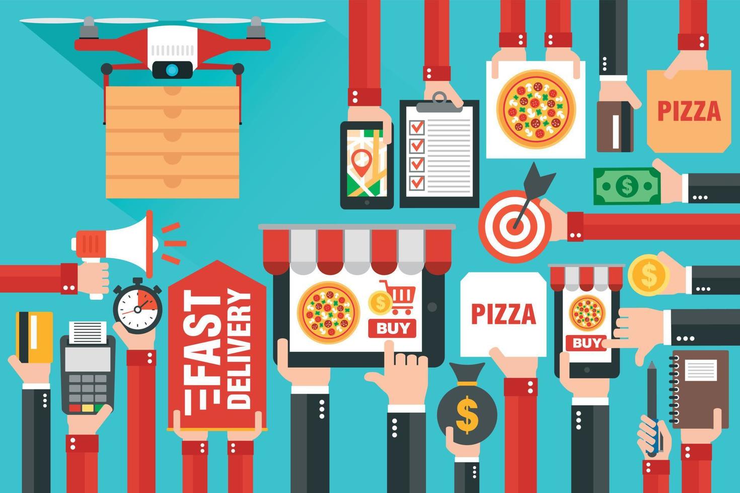 Fast delivery package by drone. Online delivery service. Internet e-commerce. Online shopping pizza on laptop, smartphone or website. Concept flat design vector
