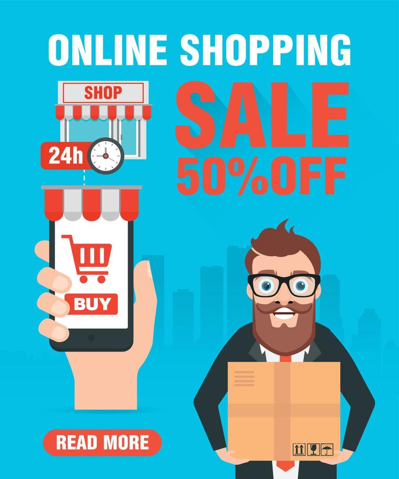 Online shopping. Sale 50 off concept flat design with men vector