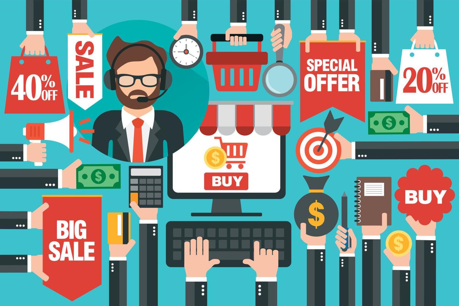 Online shopping concept design sale flat, with computer and online consultant vector