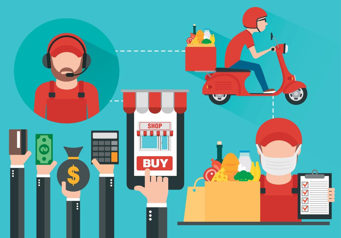 Online purchase food through a web application on a phone. Internet e-commerce. Online shopping concept design flat. Food delivery vector