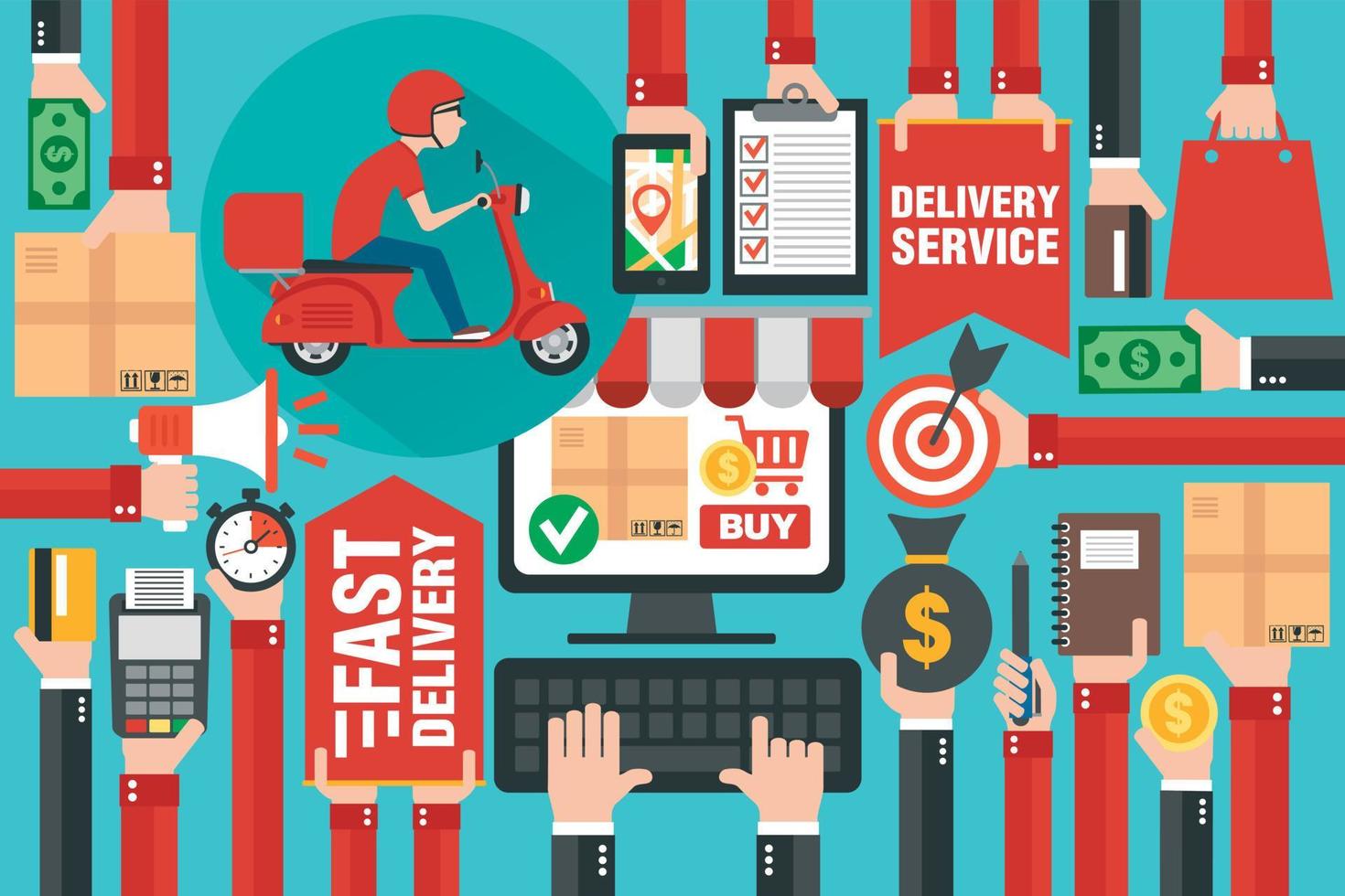 Fast delivery package by scooter. Online delivery service. Internet e-commerce. Shopping online on computer or website. Concept flat design vector