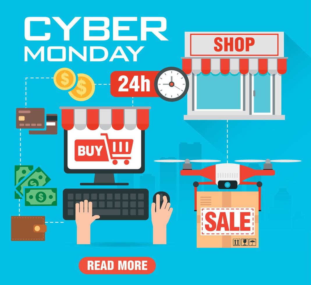 Cyber Monday sale concept flat design. Cyber Monday promotion poster, flyer, banner, website. Cyber Monday sale with drone delivery. vector