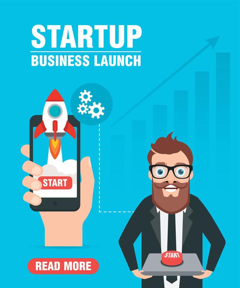 Startup business launch concept design flat with businessman holding start button vector