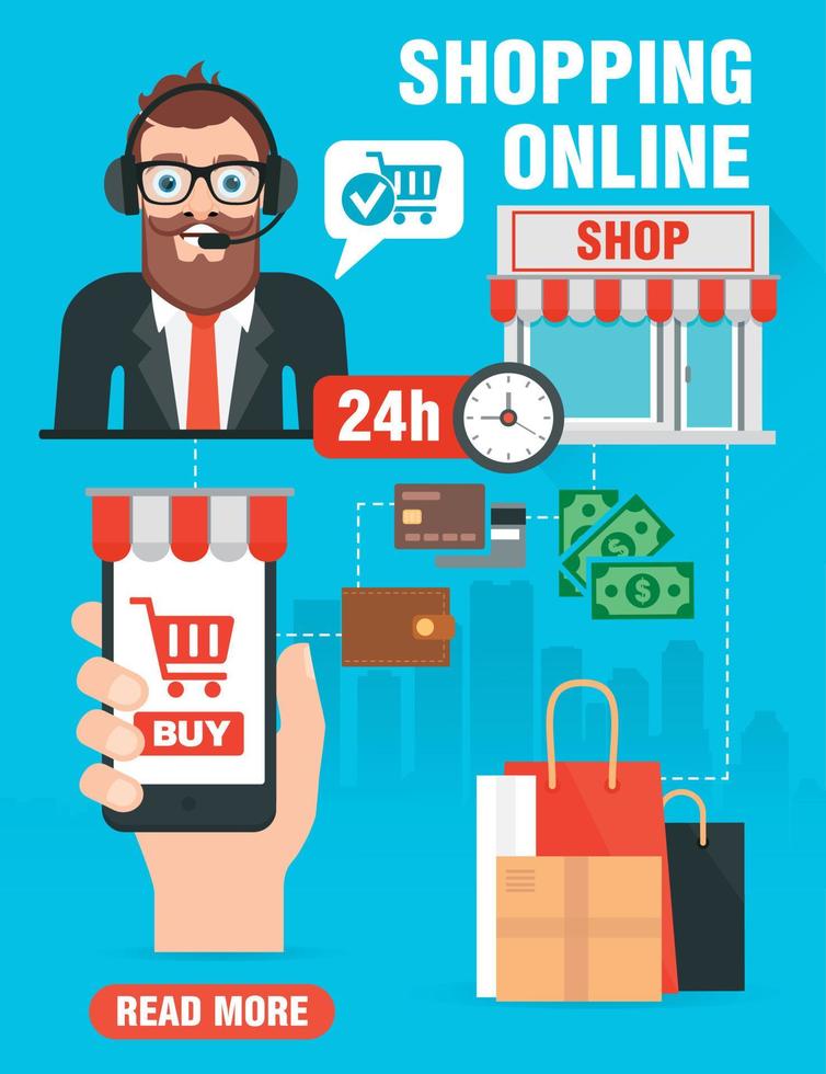Online shopping. Concept sale flat design with sales Manager consultation vector