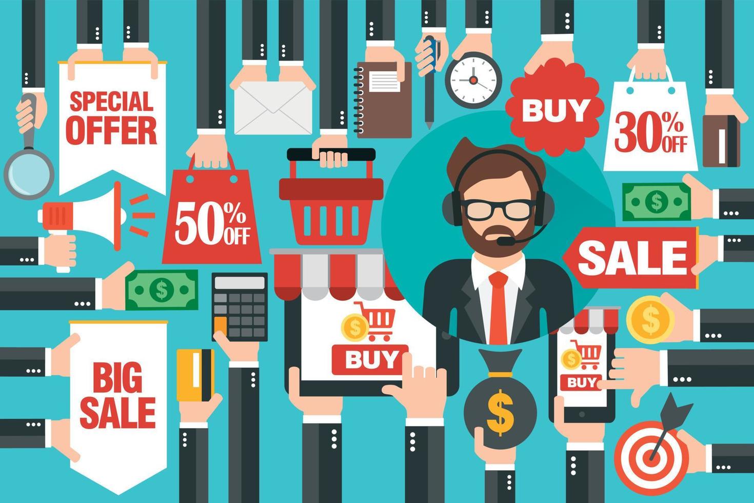 Online shopping concept design sale flat, with laptop,smartphone and online consultant vector