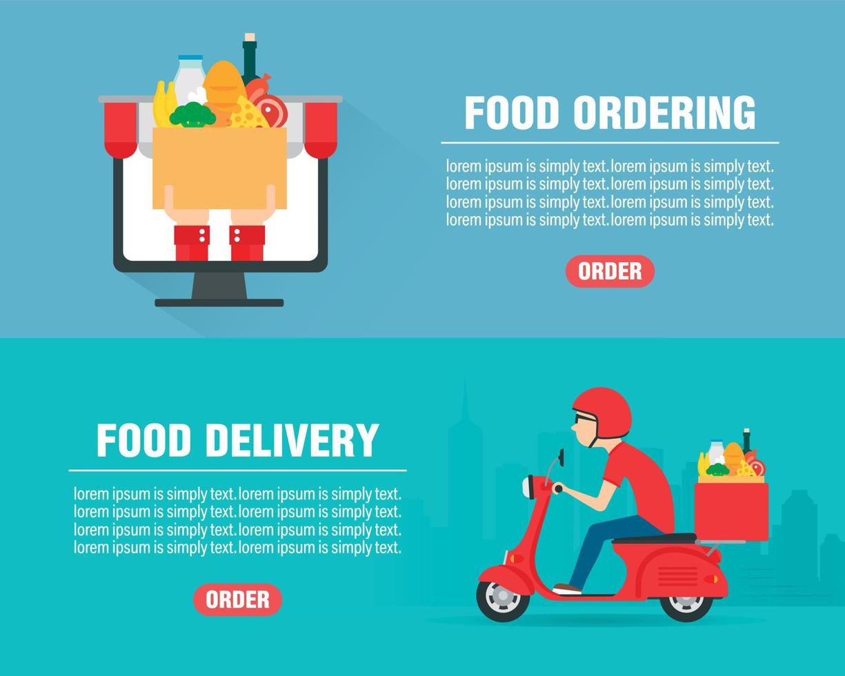 Food ordering concept design flat banners set. Food Delivery man ride scooter motorcycle. Food icon vector