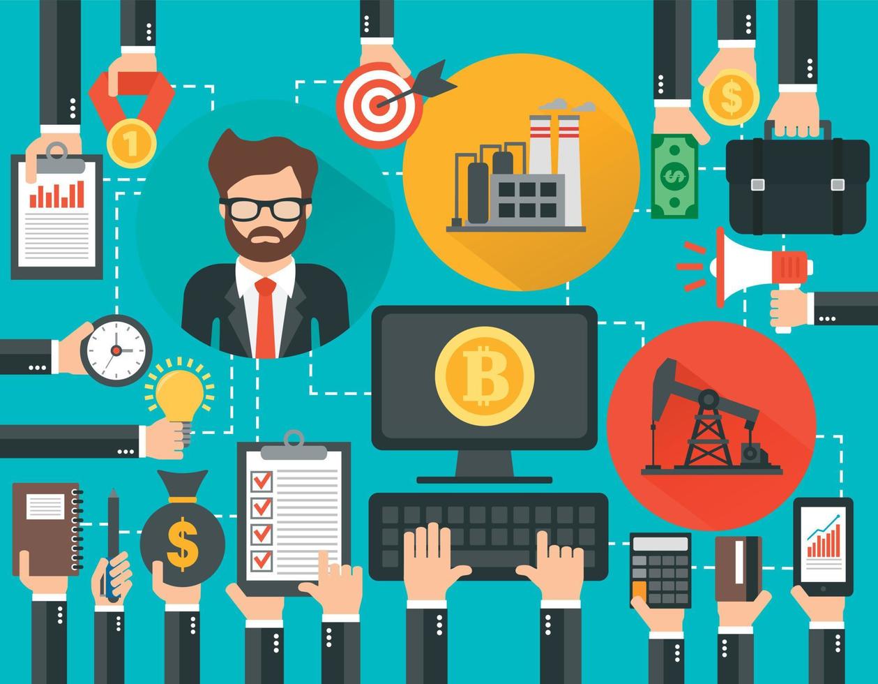 Crypto Currency Concept flat design in oil business.Computer with Bitcoin Currency vector