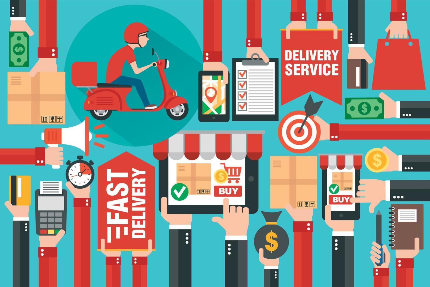 Fast delivery package by scooter. Online delivery service. Internet e-commerce. Shopping online on laptop, smartphone or website. Concept flat design vector