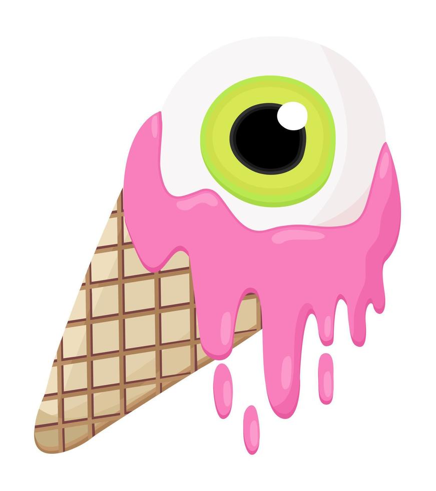 Ice cream cone with green eye and melting pink topping. vector