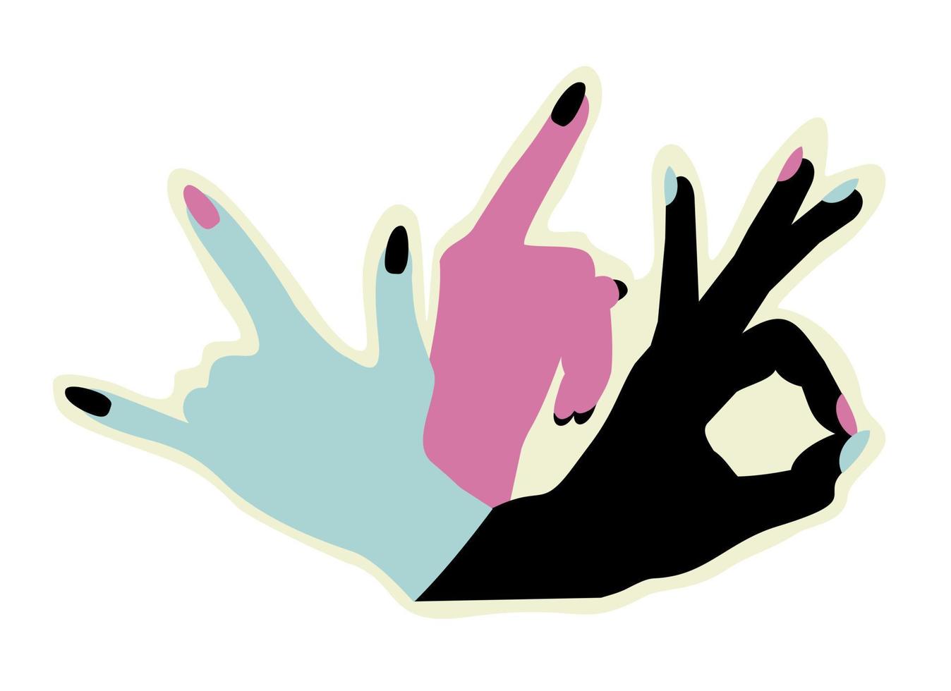 Three colorful hands with various gestures. vector