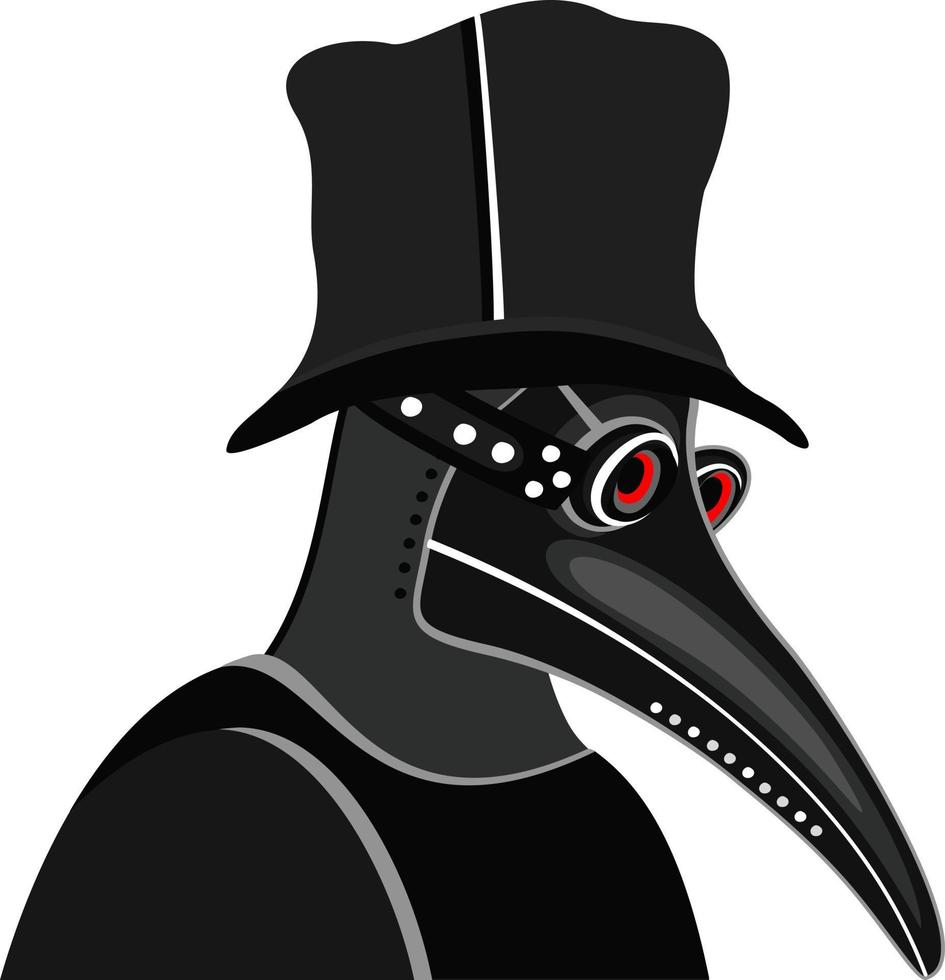 Plague doctor. Vector isolated illustration. Black and white. Red eyes.