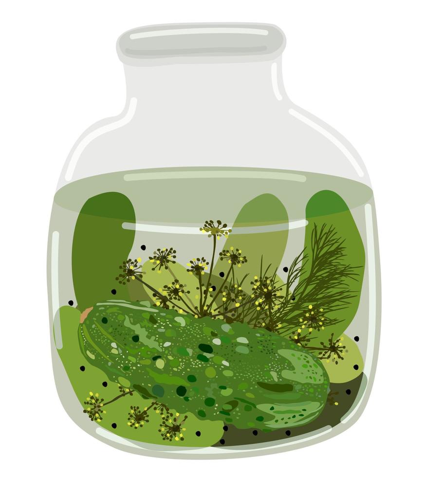 Jar of pickled cucumbers with dill and peppercorns vector