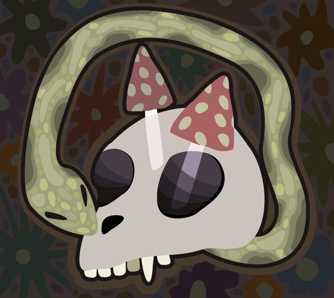 Skull with mushrooms on the top, with snake writhing around. vector