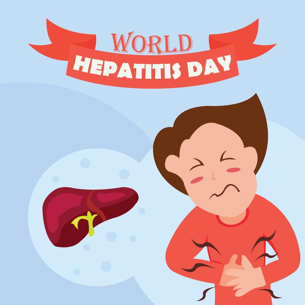 illustration vector graphic of a boy in pain holds his stomach, showing his liver, perfect for world hepatitis day, medical, celebrate, greeting card, etc.