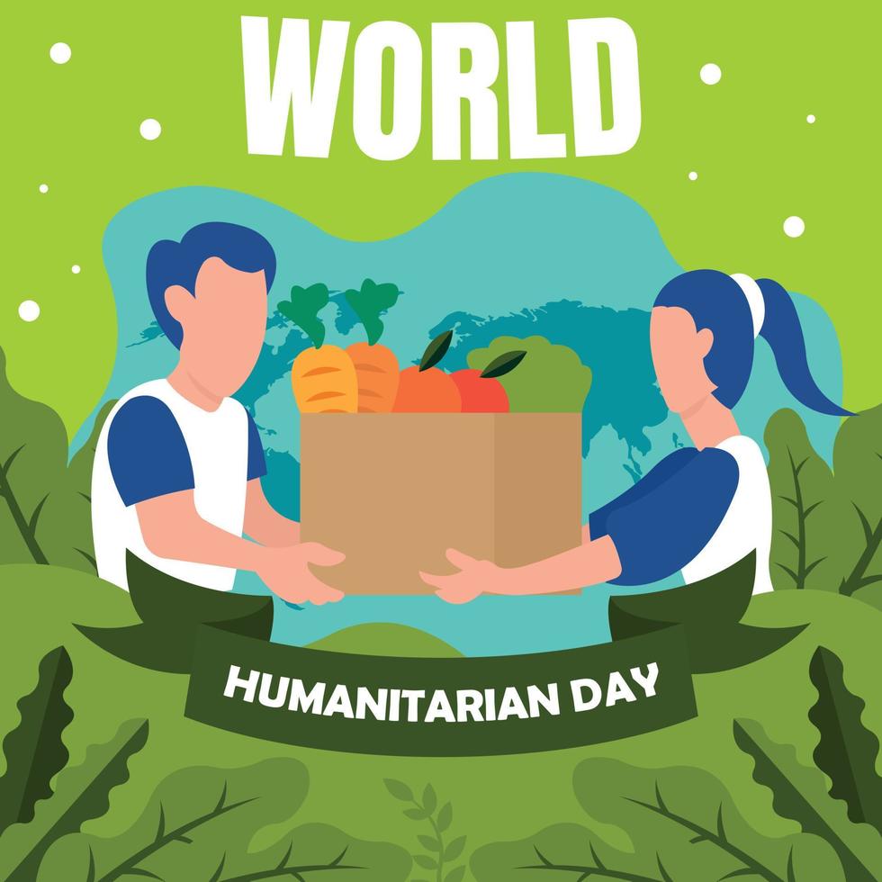 illustration vector graphic of a man gives a box of food to a woman, perfect for world humanitarian day, celebrate, greeting card, etc.