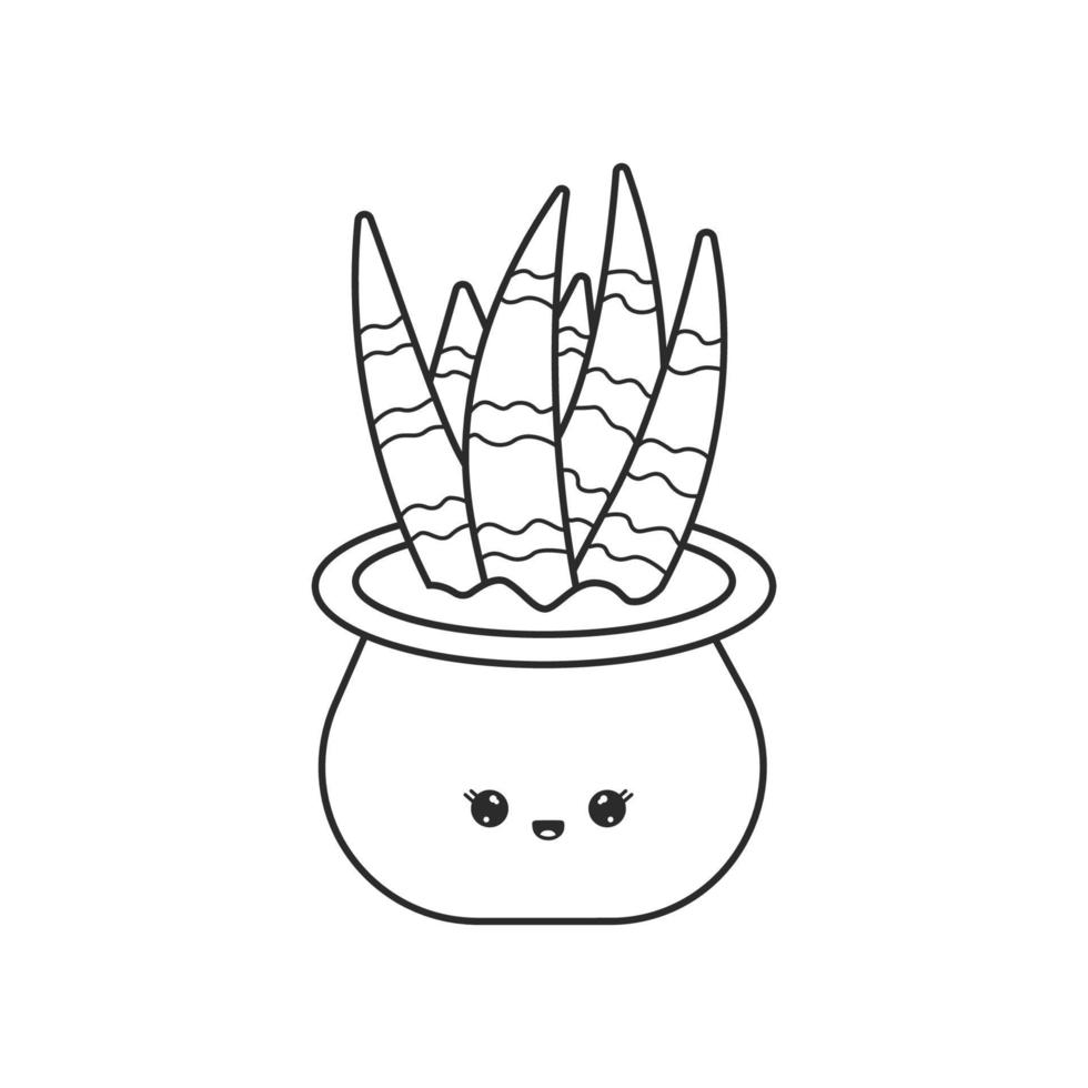 Cute kawaii house plant in pot isolated on white background. Potted plant in black linear drawing style. Vector illustration