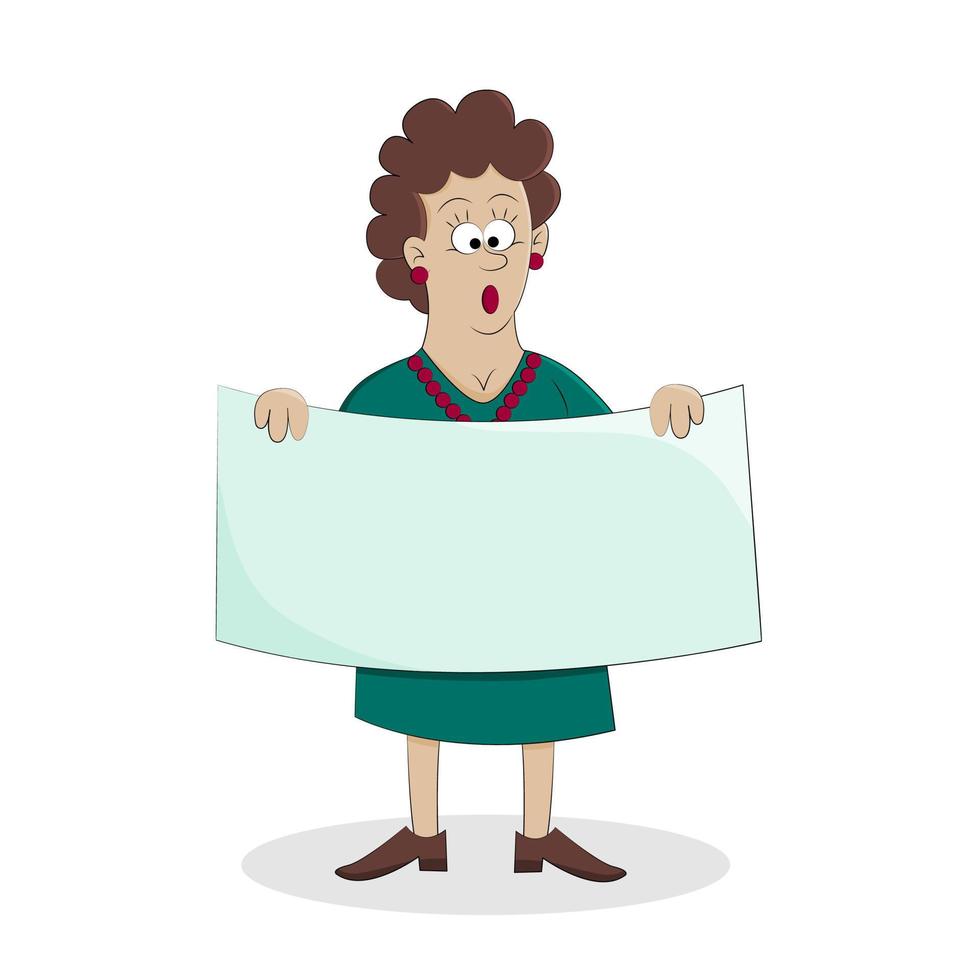 A protesting woman holding a blank poster with space for text, isolated on a white background. Woman activist. Cartoon style vector illustration.