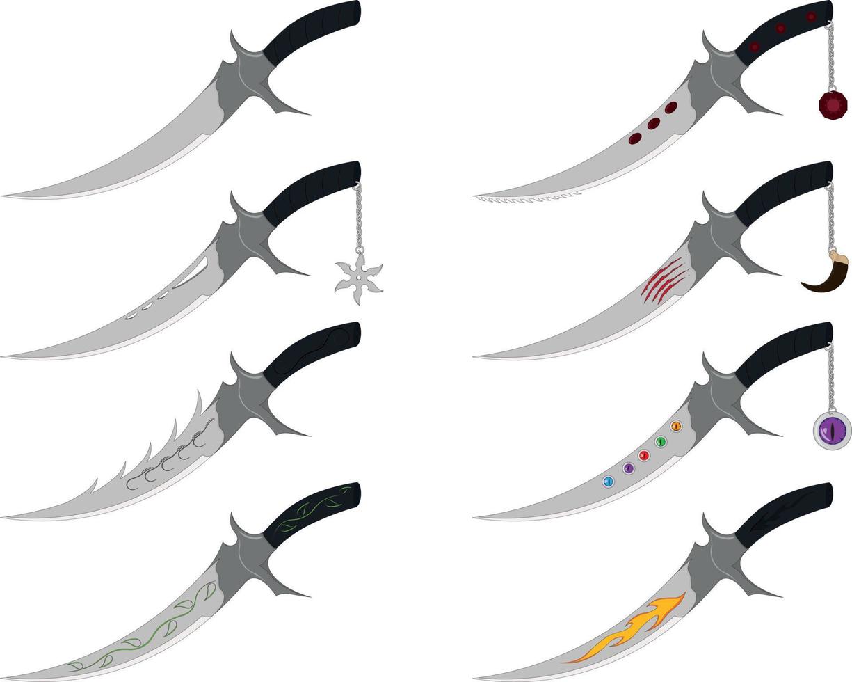 Cold cutting weapon game asset, various styles dagger collection vector illustration