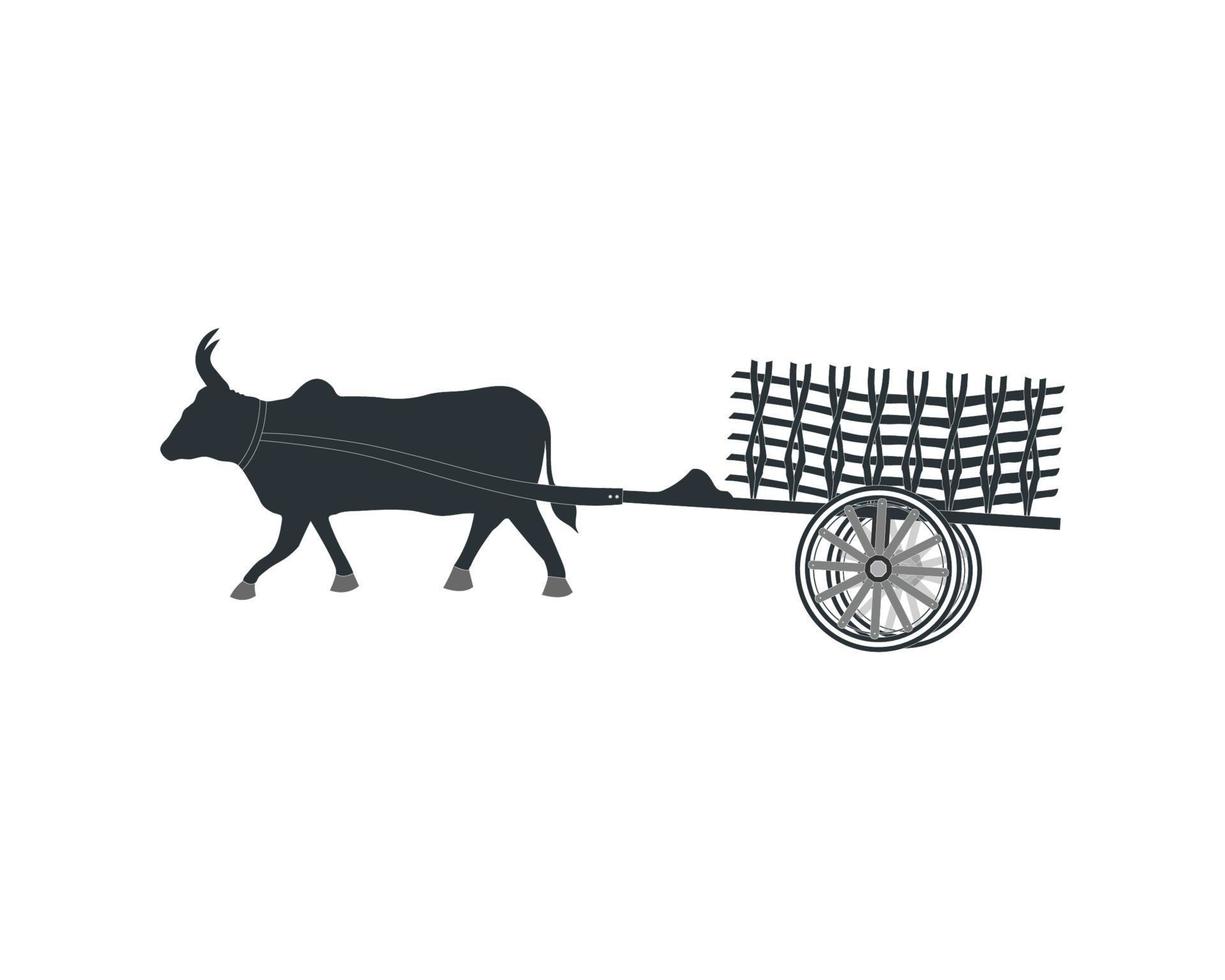 Cows with cart on white background, traditional transportation silhouette nature concept vector