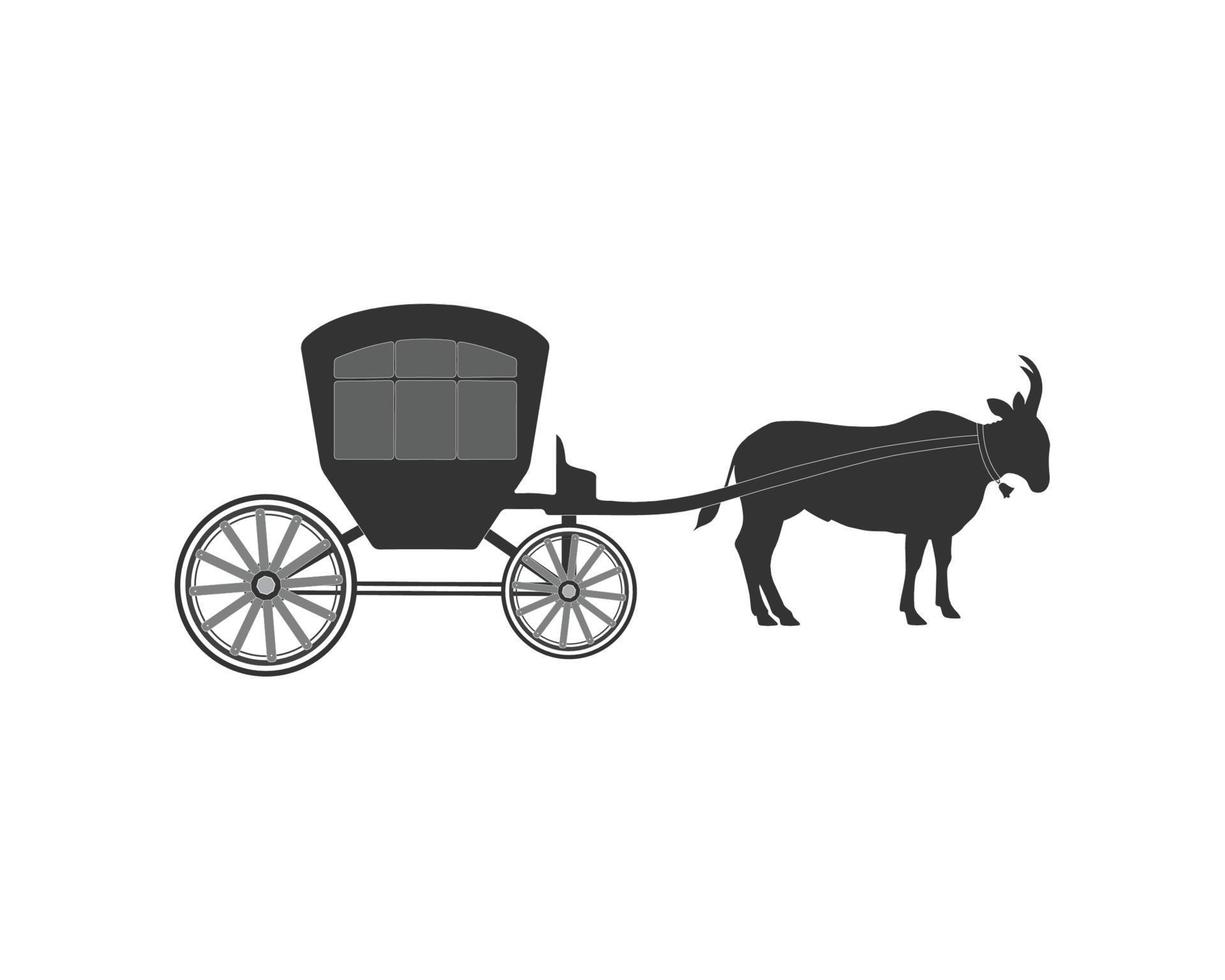 Cow pulling carriage, traditional transportation silhouette nature concept vector