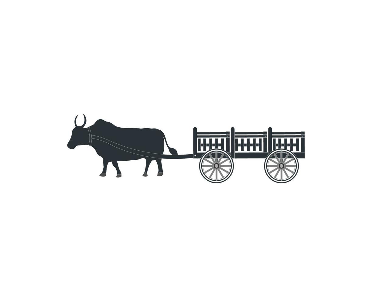 Amazing asian rural black oxen pulling wooden cart. Traditional transportation, vector art