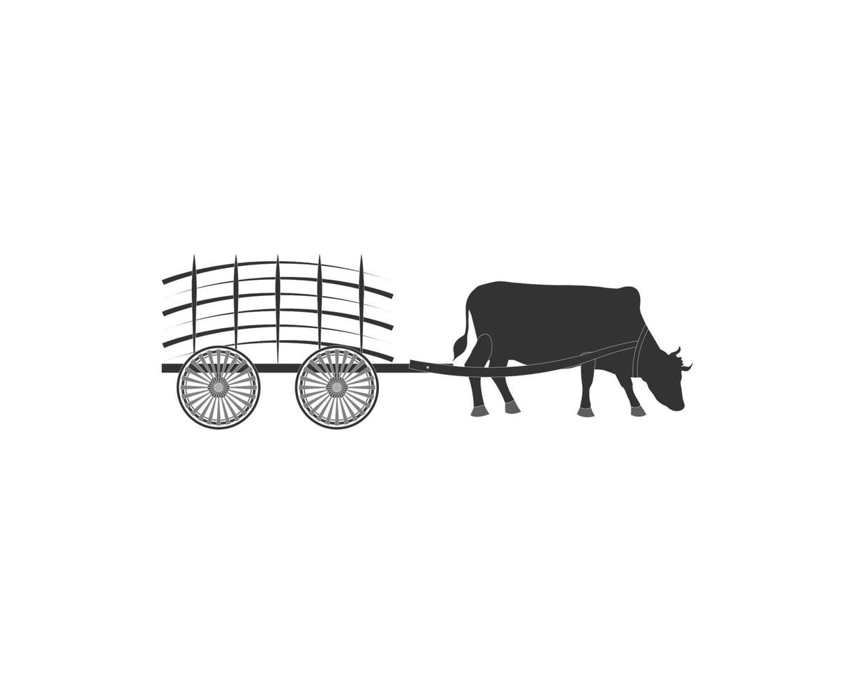 Bullock Cart silhouette, bullocks traditional black and white painting, bull and cart vector