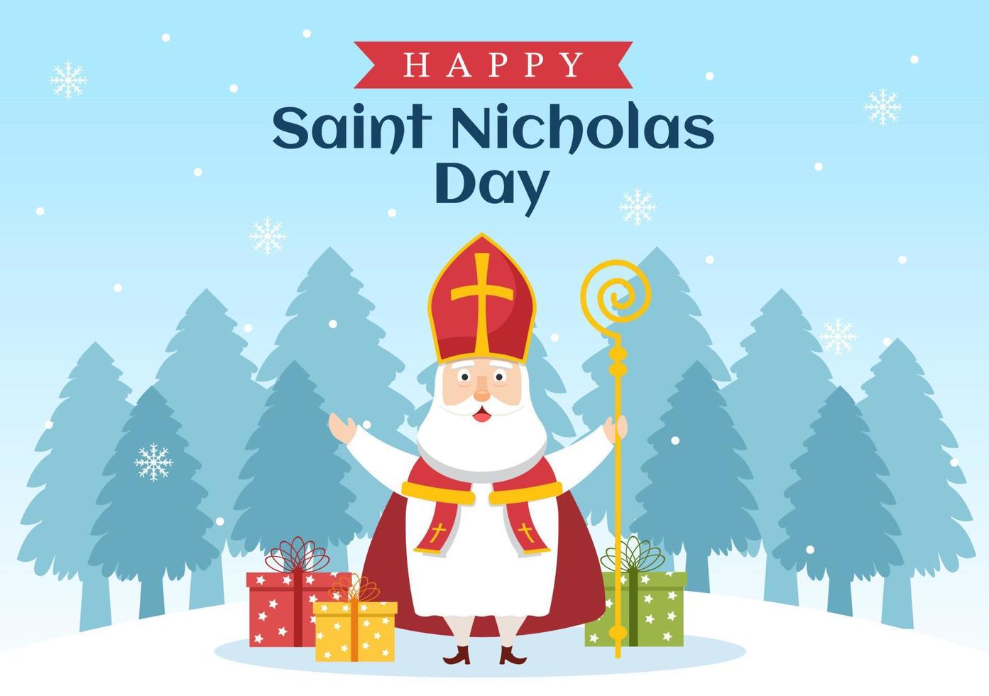 Saint Nicholas Day or Sinterklaas Celebration Template Hand Drawn Cartoon Flat Illustration with Gift Box and Winter Background Design vector