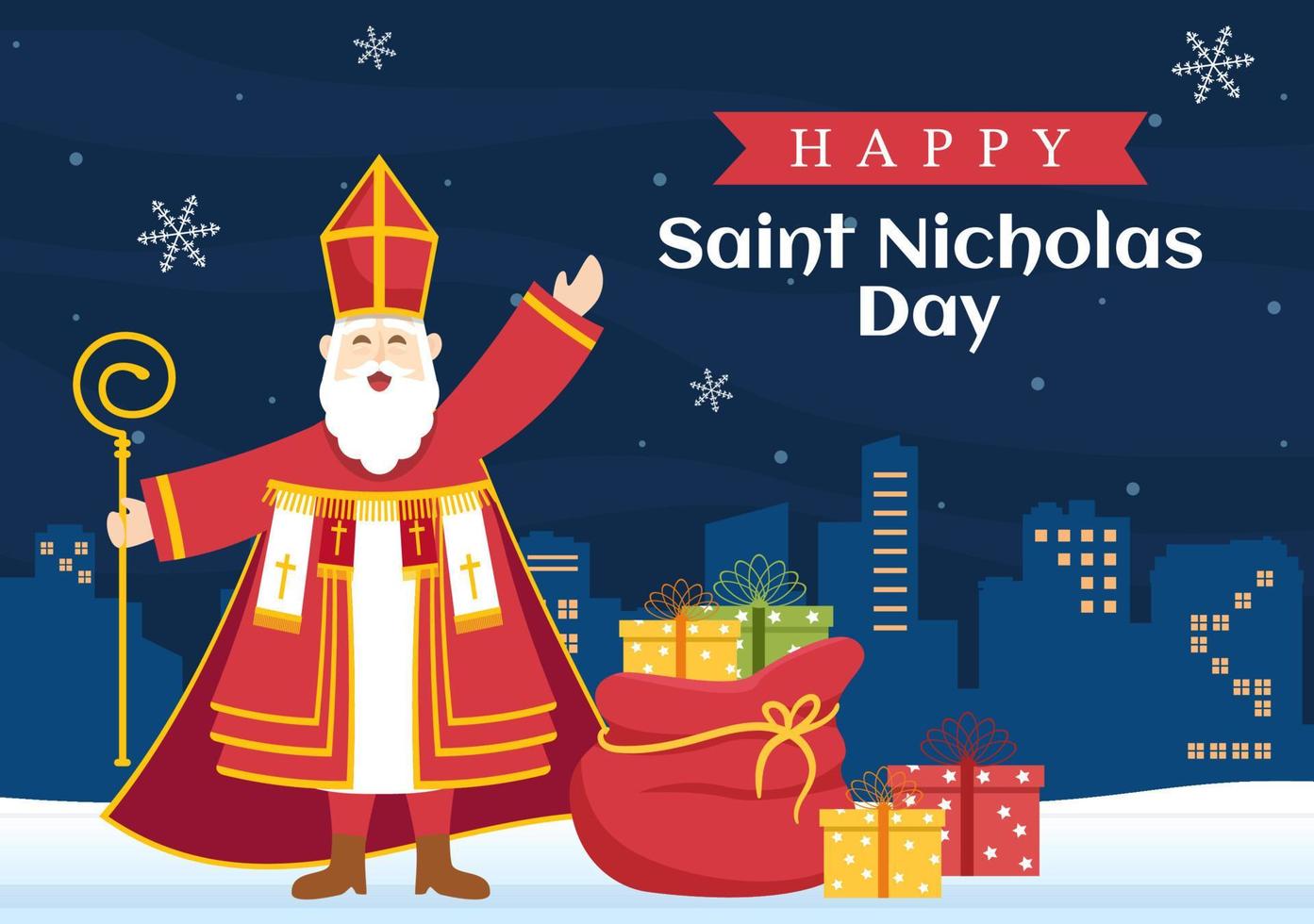 Saint Nicholas Day or Sinterklaas Celebration Template Hand Drawn Cartoon Flat Illustration with Gift Box and Winter Background Design vector