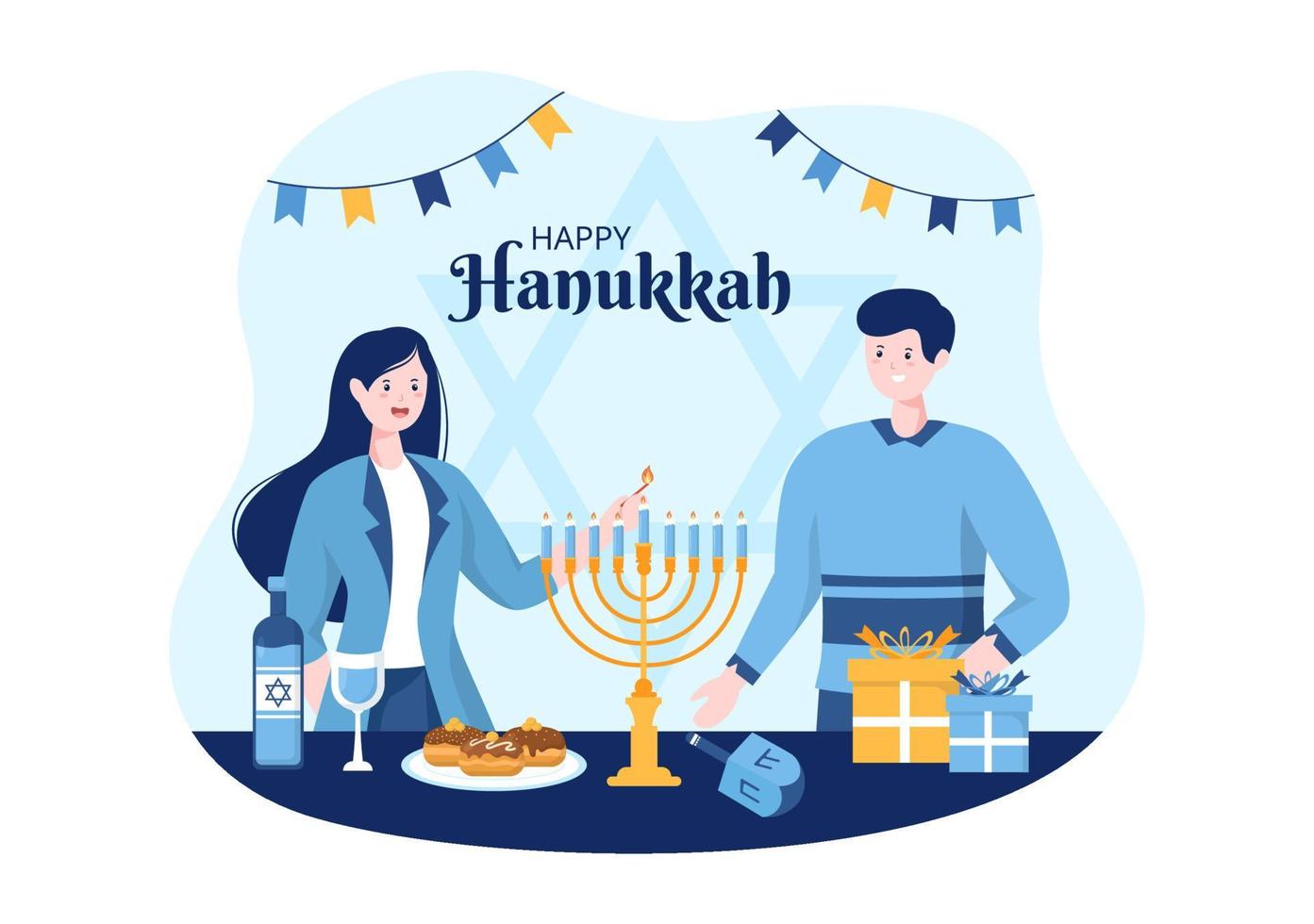 Happy Hanukkah Jewish holiday Template Hand Drawn Cartoon Flat Illustration with Menorah, Sufganiyot, Dreidel and Traditional Symbols vector