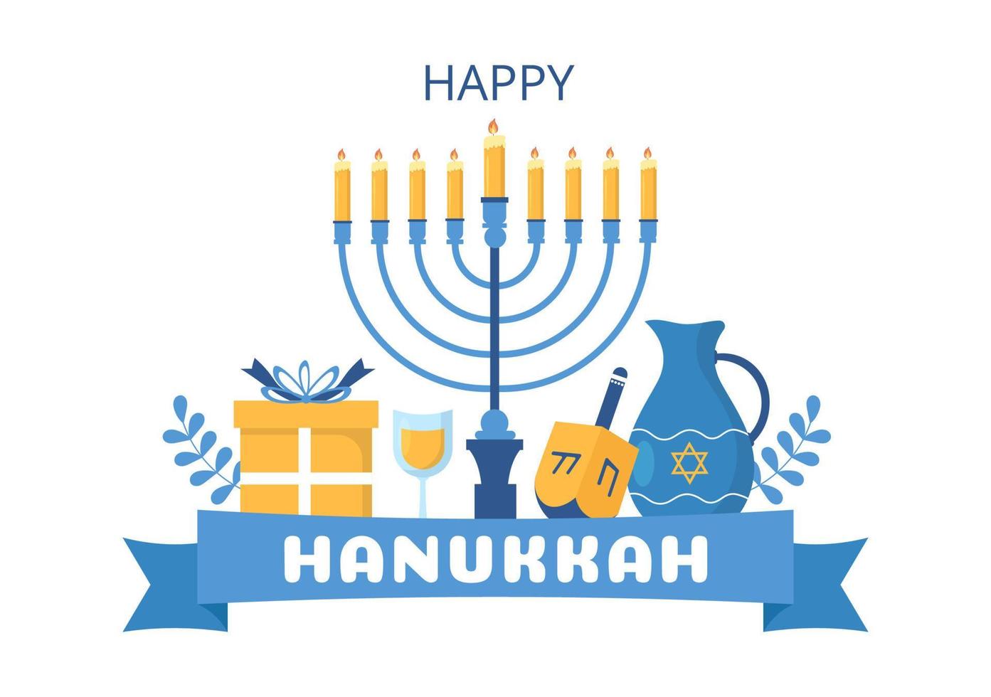 feliz hanukkah fiesta judía plantilla dibujada a mano ilustración plana de dibujos animados con menorah, sufganiyot, dreidel y símbolos tradicionales vector