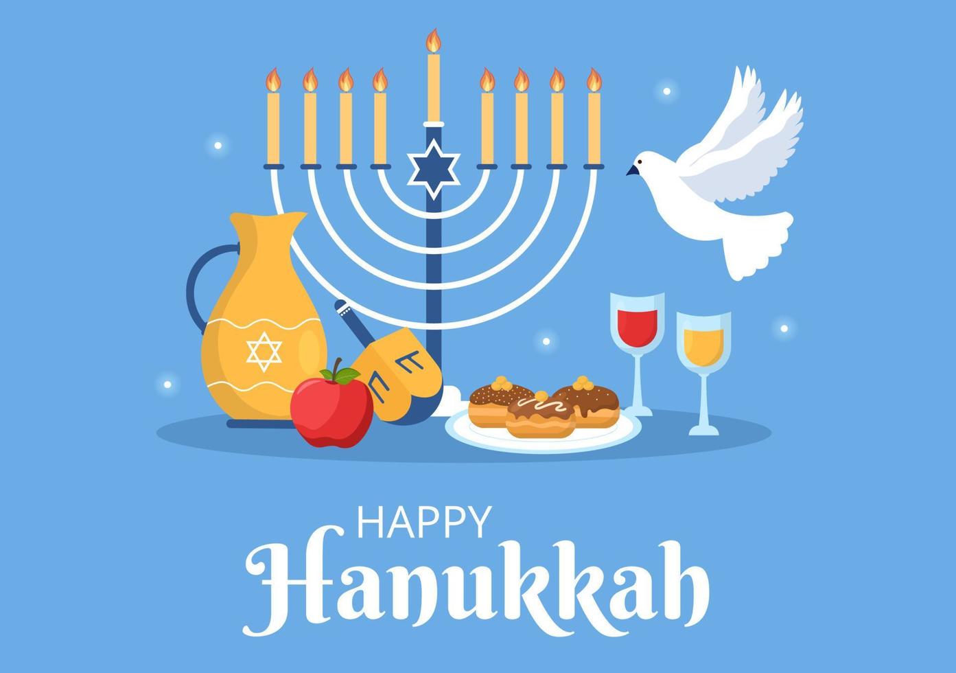 feliz hanukkah fiesta judía plantilla dibujada a mano ilustración plana de dibujos animados con menorah, sufganiyot, dreidel y símbolos tradicionales vector