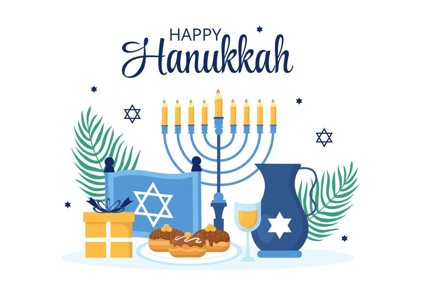 feliz hanukkah fiesta judía plantilla dibujada a mano ilustración plana de dibujos animados con menorah, sufganiyot, dreidel y símbolos tradicionales vector