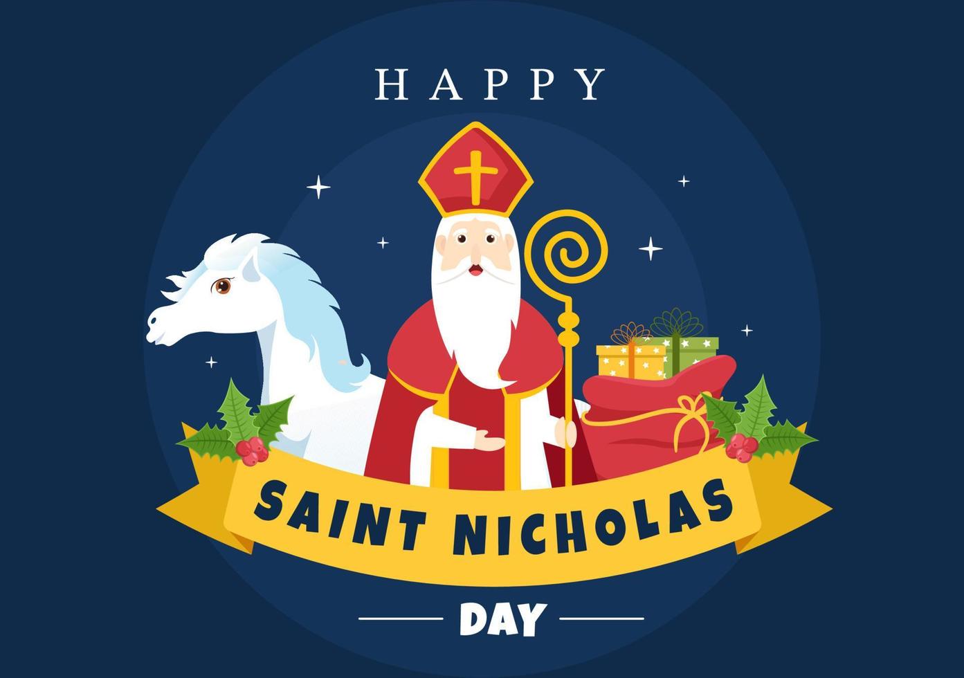 día de san nicolás o plantilla de celebración de sinterklaas ilustración plana de dibujos animados dibujados a mano con caja de regalo y diseño de fondo de invierno vector