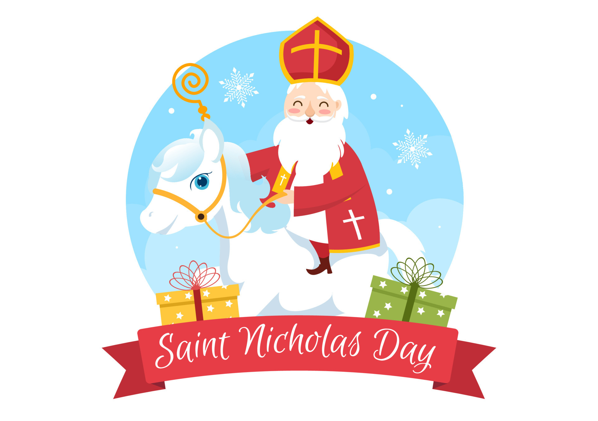 Saint Nicholas Day or Sinterklaas Celebration Template Hand Drawn Cartoon Illustration with Gift Box and Winter Background Design 11201003 Vector Art at