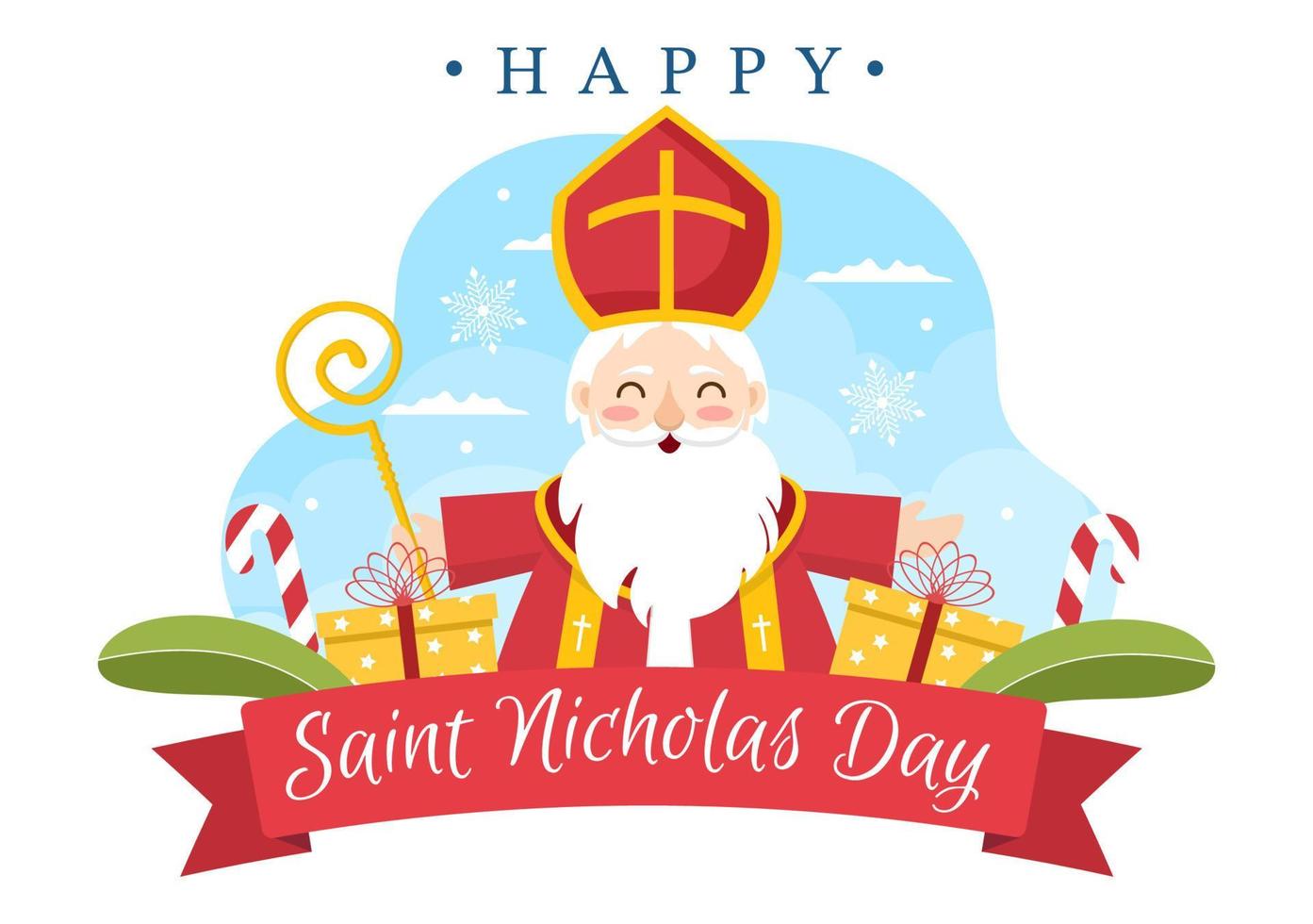 Saint Nicholas Day or Sinterklaas Celebration Template Hand Drawn Cartoon Flat Illustration with Gift Box and Winter Background Design vector