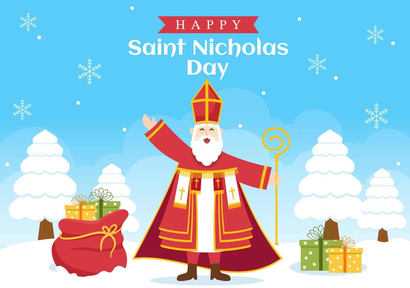 Saint Nicholas Day or Sinterklaas Celebration Template Hand Drawn Cartoon Flat Illustration with Gift Box and Winter Background Design vector