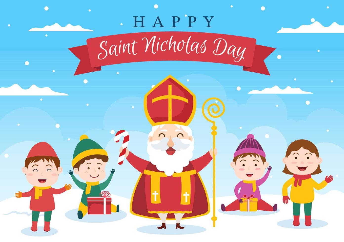 Saint Nicholas Day or Sinterklaas Celebration Template Hand Drawn Cartoon Flat Illustration with Gift Box and Winter Background Design vector