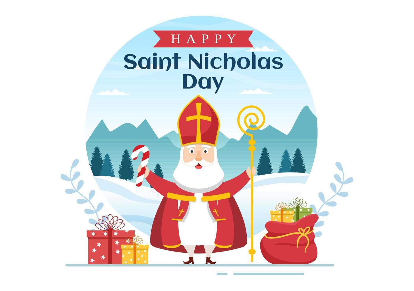 día de san nicolás o plantilla de celebración de sinterklaas ilustración plana de dibujos animados dibujados a mano con caja de regalo y diseño de fondo de invierno vector