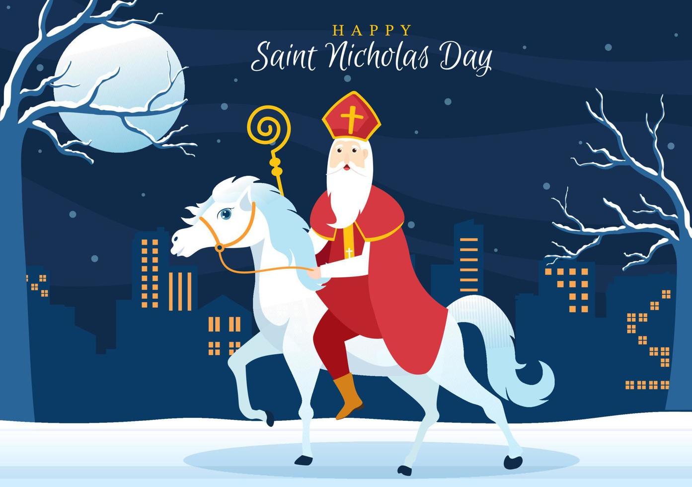 Saint Nicholas Day or Sinterklaas Celebration Template Hand Drawn Cartoon Flat Illustration with Gift Box and Winter Background Design vector