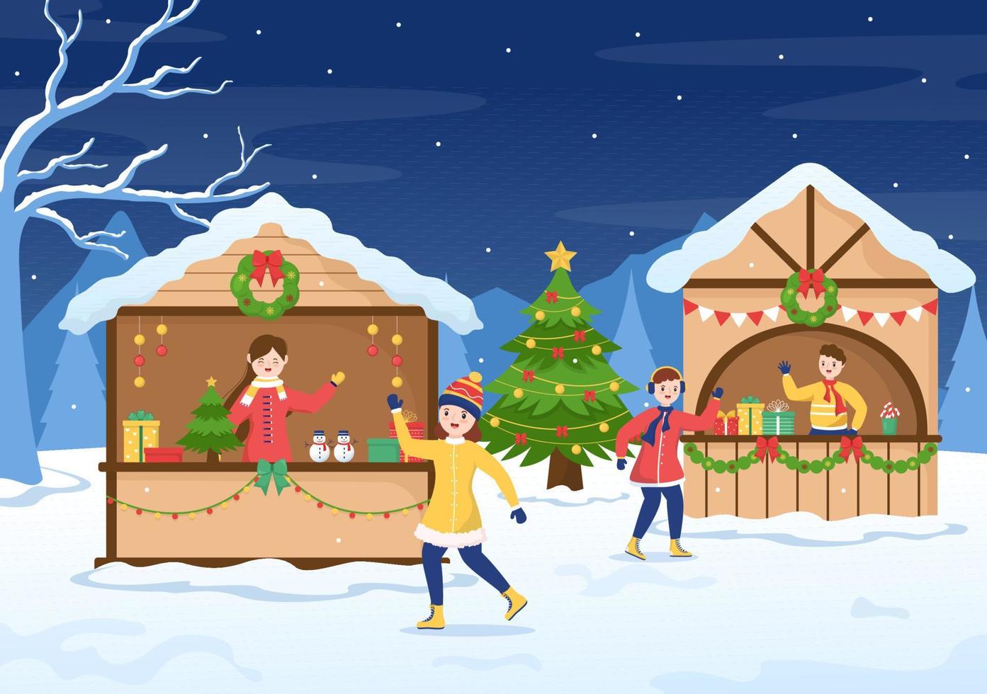 feliz navidad y feliz año nuevo plantilla dibujada a mano dibujos animados ilustración de fondo plano con gente celebrando, muñeco de nieve y paisaje invernal vector