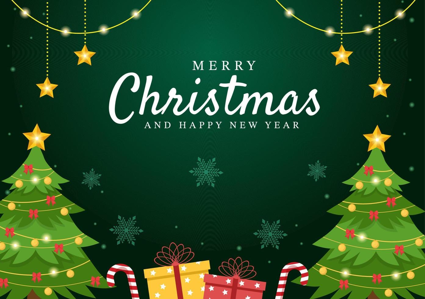 Merry Christmas and Happy New Year Template Hand Drawn Cartoon Flat Background Illustration with Snowflakes, Bells, Tree, Gift and Decorations Design vector