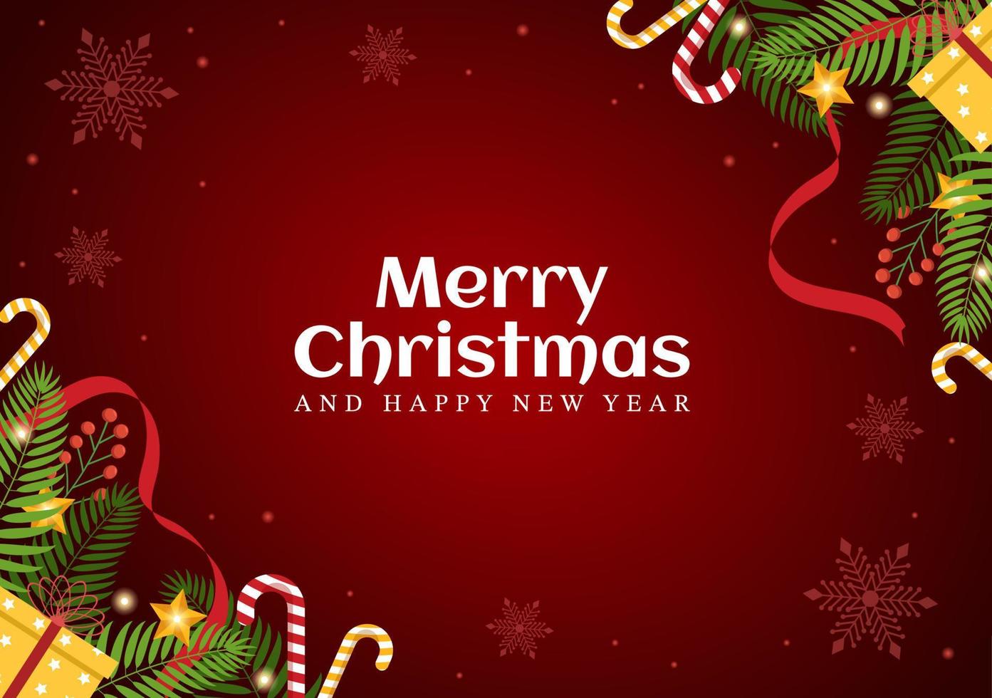 Merry Christmas and Happy New Year Template Hand Drawn Cartoon Flat Background Illustration with Snowflakes, Bells, Tree, Gift and Decorations Design vector